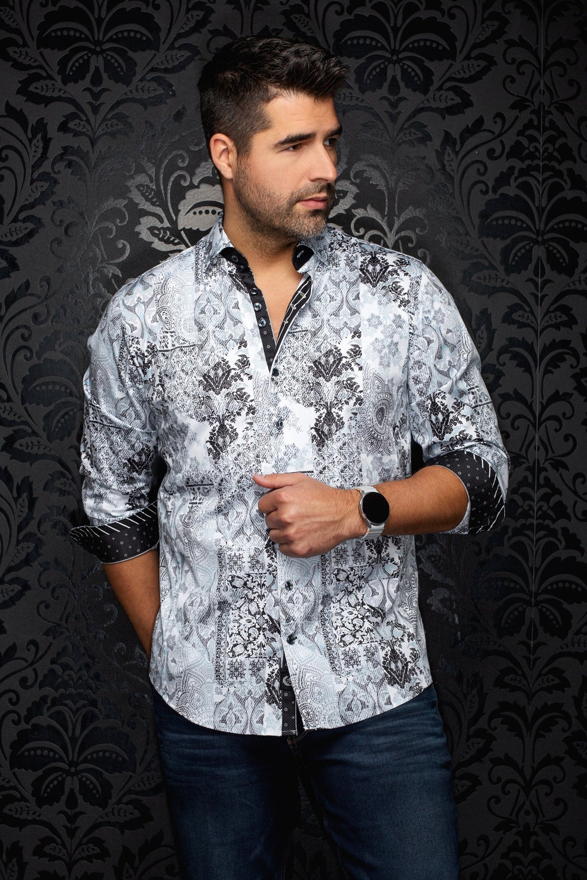 Chemise manches longues en coton extensible pour homme par Au Noir | CASCAIS Blanc Sarcelle | Machemise.ca, inventaire complet de la marque Au Noir