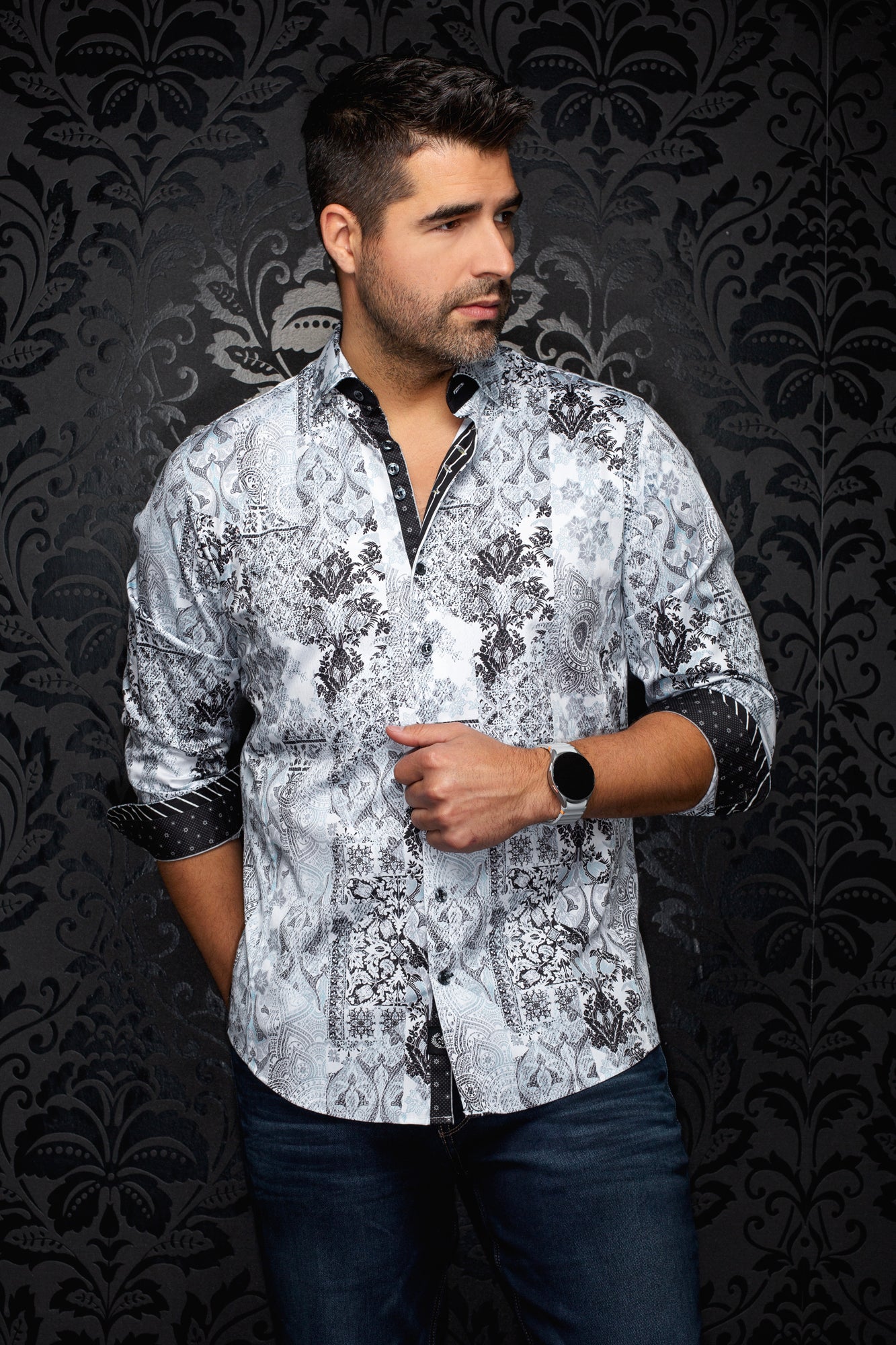 Chemise manches longues en coton extensible pour homme par Au Noir | CASCAIS Blanc Sarcelle | Machemise.ca, inventaire complet de la marque Au Noir