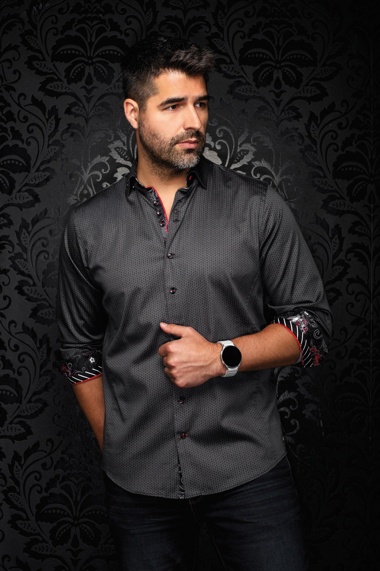 Au Noir men's dark gray geometric button-up shirt with red trim and contrast cuffs shown from the front