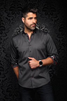 Au Noir men's dark gray geometric button-up shirt with red trim and contrast cuffs shown from the front