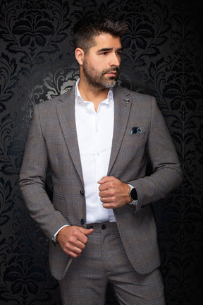 Veston à carreaux gris-brun de face, avec revers crantés, lignes bleues et poche poitrine pour homme par Au Noir