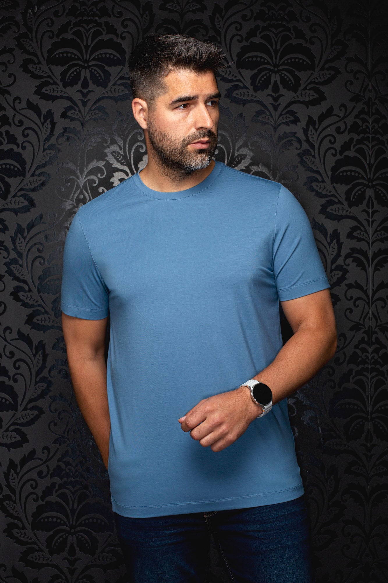 Men's blue Short-sleeve T-Shirt shown from the front, with crew neck and straight hem visible by Au Noir