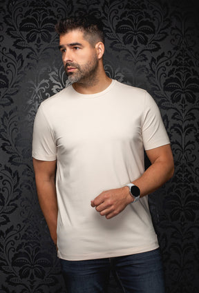 T-Shirt crème à manches courtes, col rond et coutures ton sur ton pour homme par Au Noir, vue de face