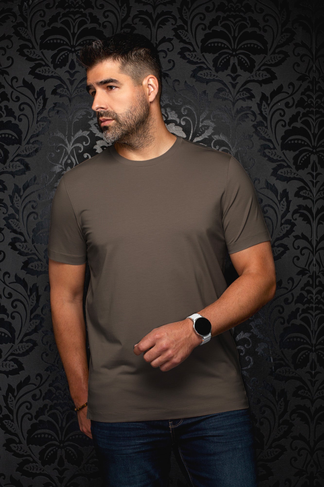 Men's brown Short-sleeve T-Shirt on model, with crewneck collar and straight hem visible, front view by Au Noir