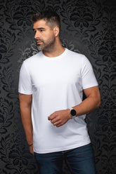 Front view of men's plain white crewneck Short-sleeve T-Shirt worn with jeans by Au Noir