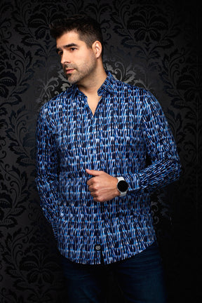 Vue avant en angle d’une chemise boutonnée bleue à imprimé abstrait et manches longues pour homme par Au Noir