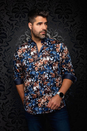 Chemise noire fleurie à imprimé bleu et brun, avec poignets contrastants roulés pour homme par Au Noir, vue de face