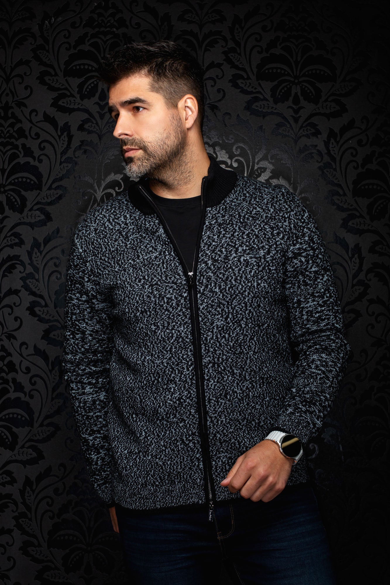 Au Noir men's black and light gray marled knit zip cashmere sweater with stand collar, front model view