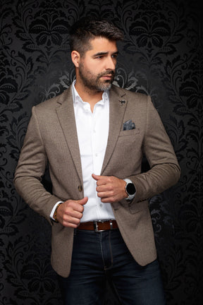 Front view of men's brown textured blazer with notched lapels, two-button closure, and flap pockets by Au Noir