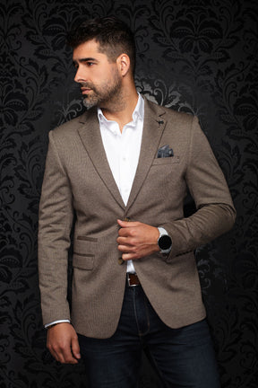Au Noir men's front angled view of a brown textured blazer with notched lapels, chest pocket, and flap pocket, side view
