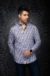 Chemise boutonnée à motif géométrique bleu pâle et blanc, patte contrastante pour homme par Au Noir, vue de face
