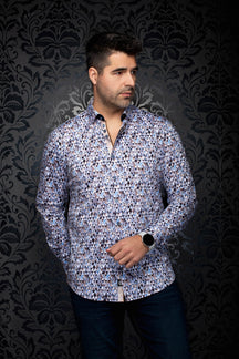 Chemise boutonnée à motif géométrique bleu pâle et blanc, patte contrastante pour homme par Au Noir, vue de face