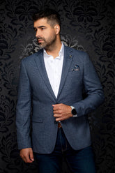 Au Noir men's blue-gray checked blazer with notched lapels, button front, and lower pockets, front view