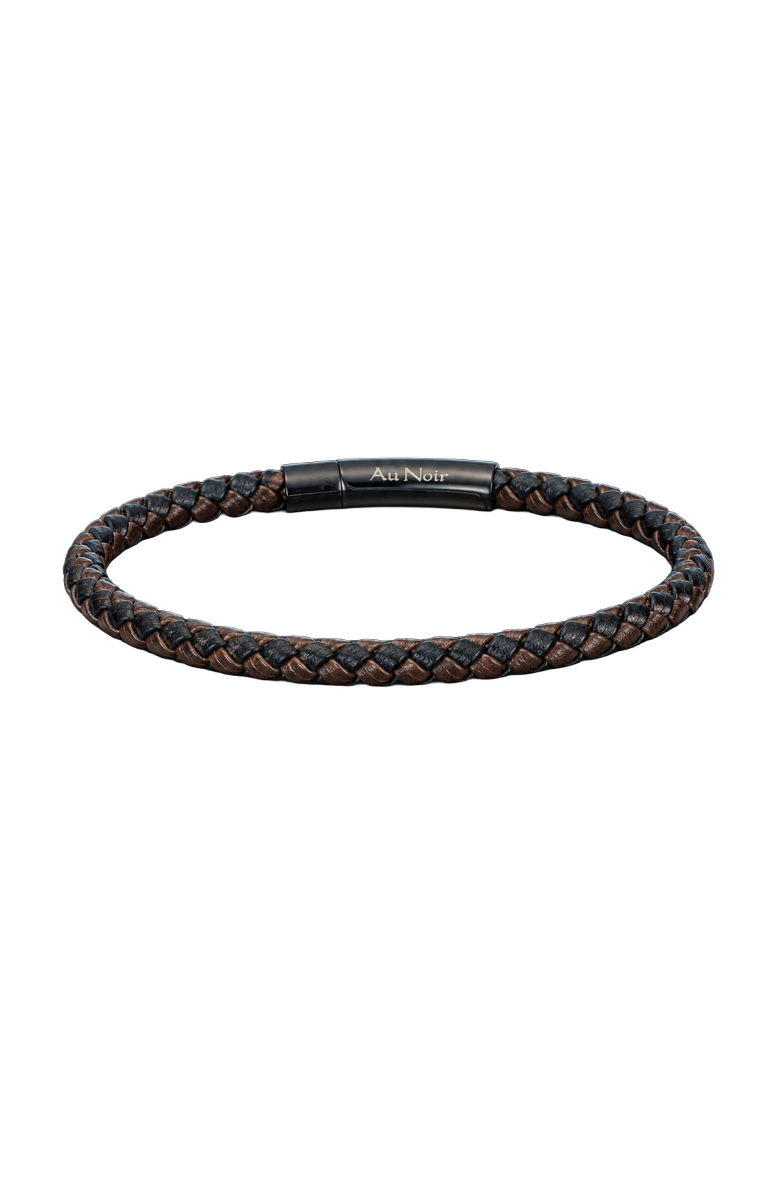 Bracelet tressé noir et brun avec fermoir noir et logo Au Noir, vue produit isolée pour homme