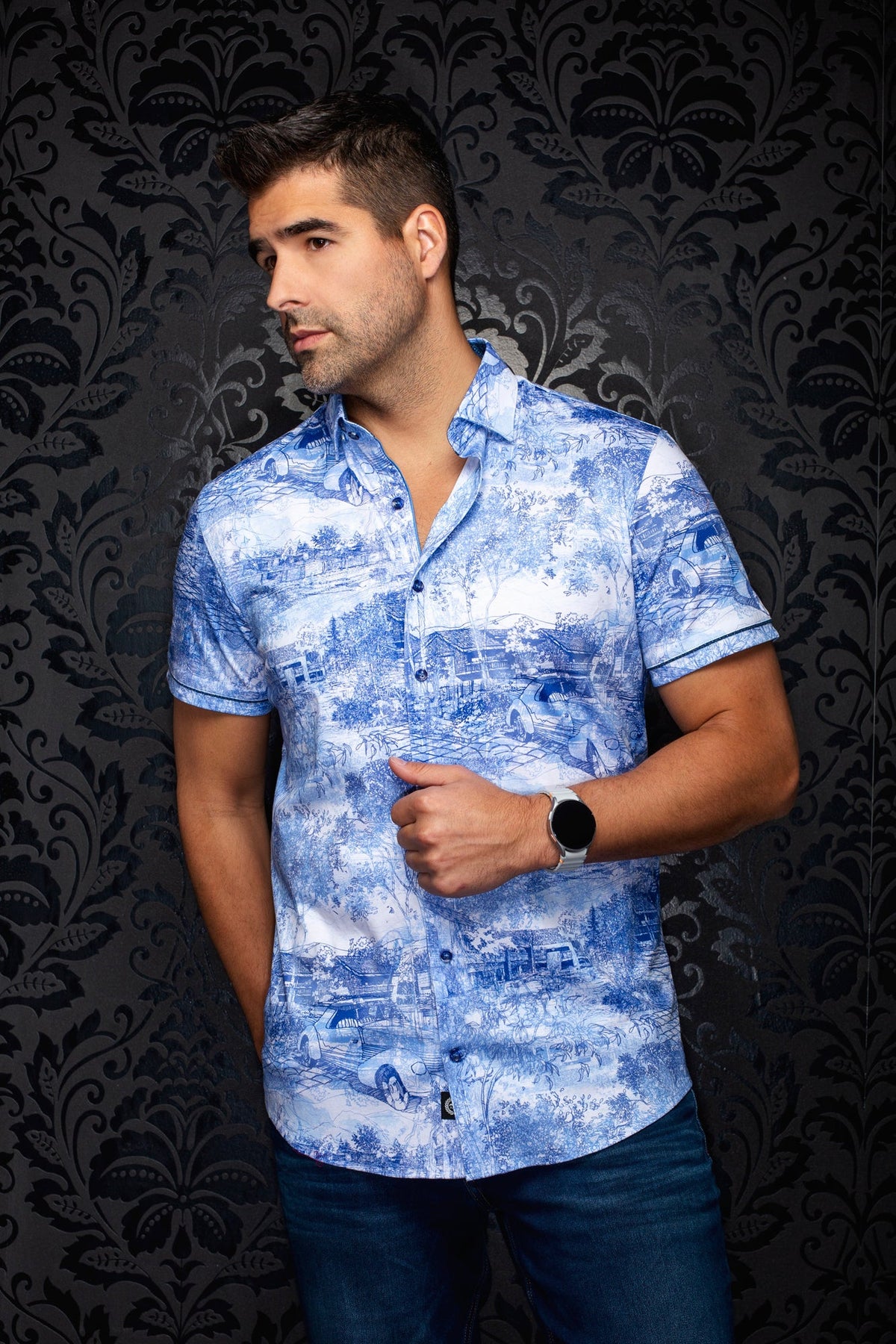 Chemise manches courtes en Knit extensible pour homme par Au Noir | GAVELSTON (SS) Bleu Pâle | Machemise.ca, inventaire complet de la marque Au Noir