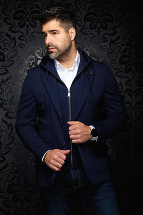 Veston bleu marine avec insert à capuchon zippé, cordons et bouton simple pour homme par Au Noir, vue de face
