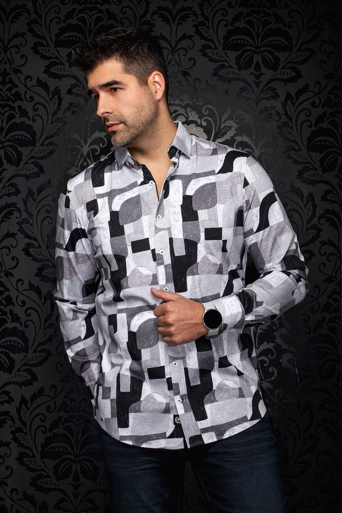 Au Noir men's angled front view of gray abstract print button-up shirt with spread collar
