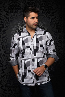 Vue de face d'une chemise grise à imprimé abstrait et poignets contrastants roulés pour homme par Au Noir