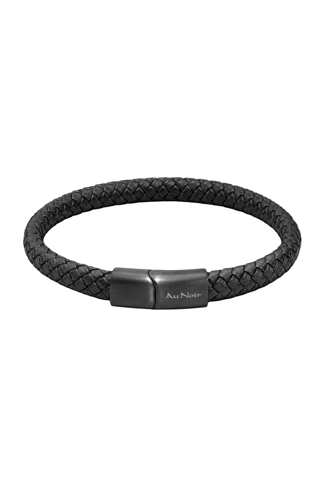 Bracelet tressé noir avec fermoir rectangulaire foncé et logo Au Noir, vue produit pour homme