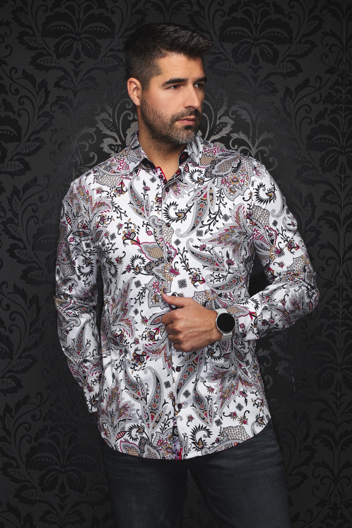 Chemise manches longues en Knit extensible pour homme par Au Noir | HAINAN Blanc Multi | Machemise.ca, inventaire complet de la marque Au Noir