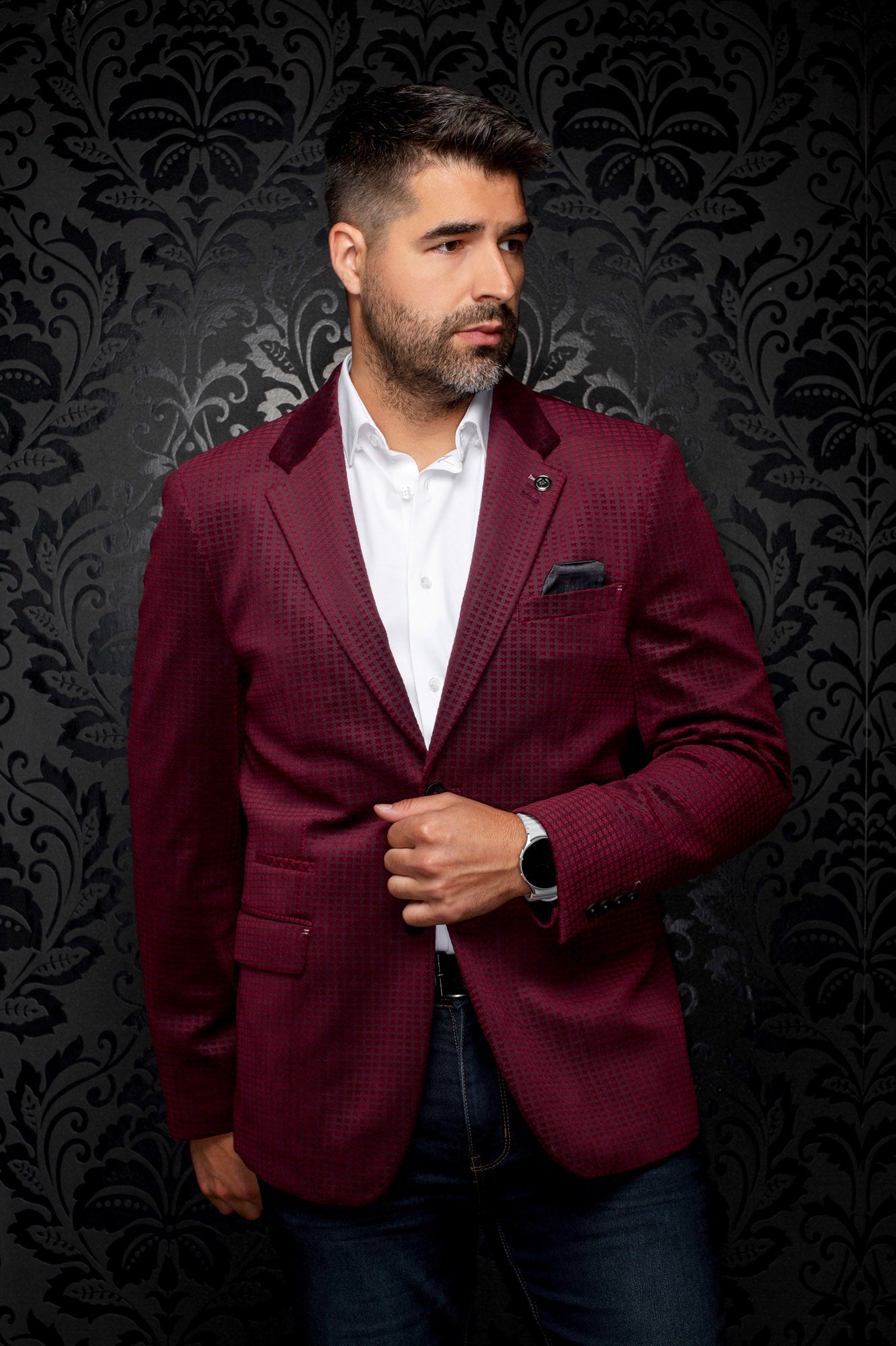 Au Noir men's burgundy micro-check blazer with notch lapels, flap pockets, and dark accents, front view