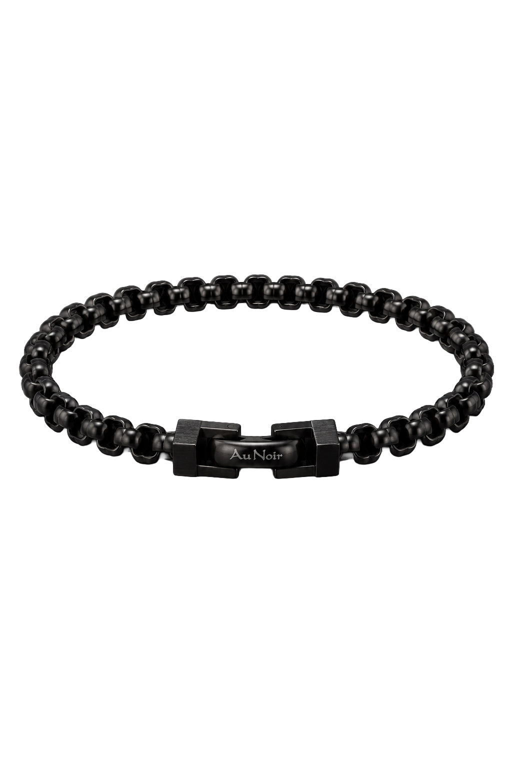 Bracelet noir à maillons entrelacés avec fermoir rectangulaire et logo Au Noir visible, vue produit pour homme