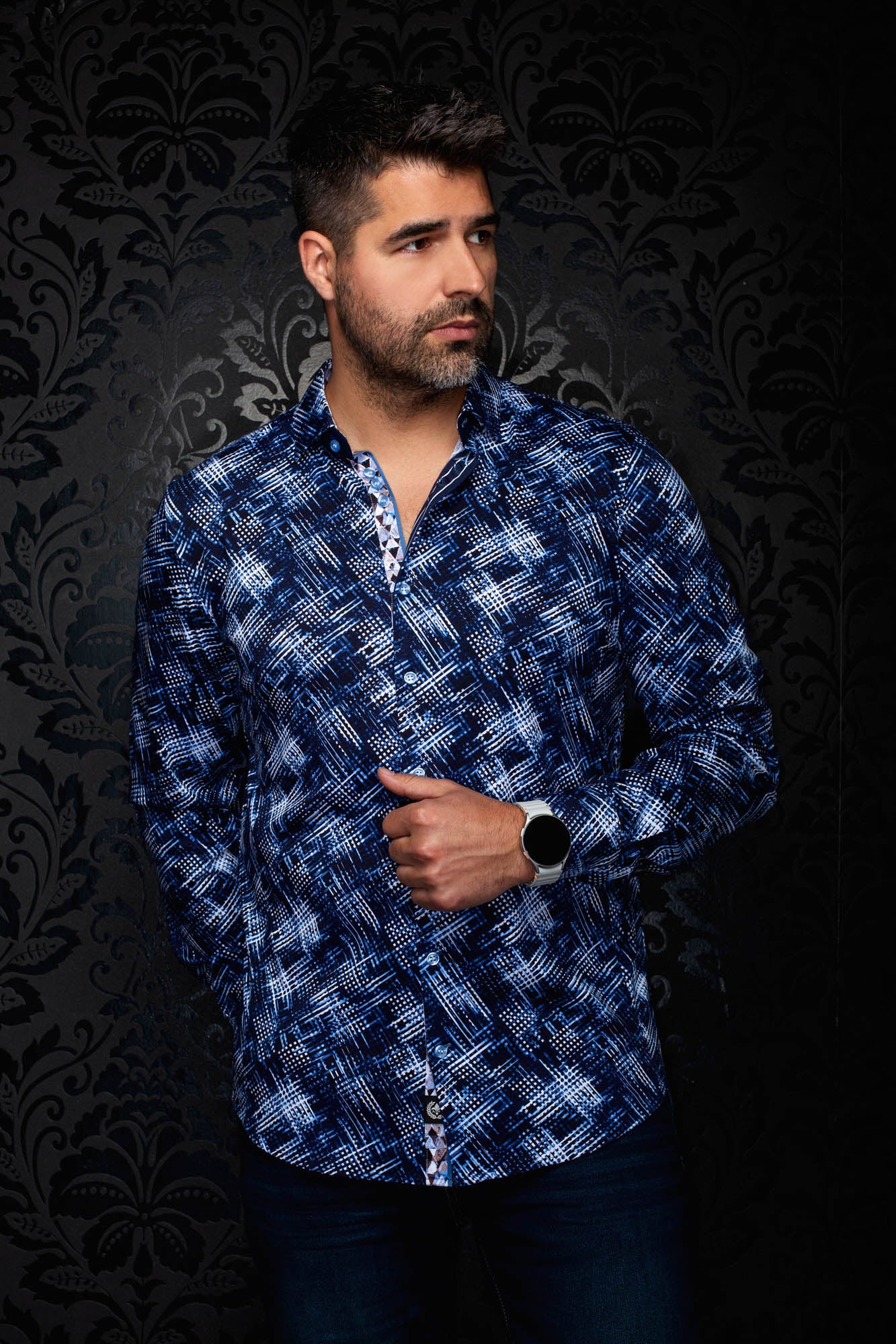 Au Noir men's navy button-up shirt with white and blue abstract crosshatch print, front view