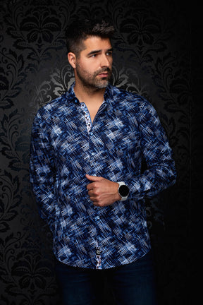 Au Noir men's navy button-up shirt with white and blue abstract crosshatch print, front view