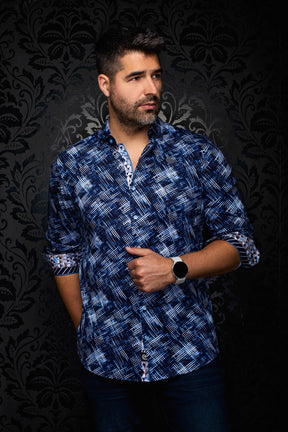 Au Noir men's angled front view of a navy patterned shirt with rolled cuffs and contrast cuff facing