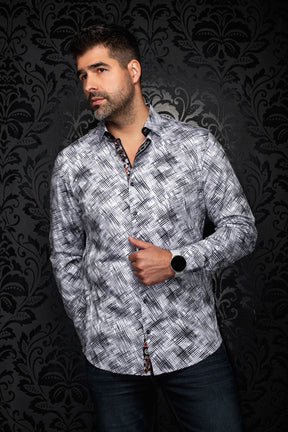 Vue avant de biais d’une chemise blanche et noire à motif, manches longues et ourlet arrondi pour homme par Au Noir