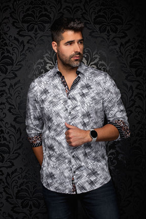 Chemise blanche et noire à motif, manches roulées et poignets contrastants pour homme par Au Noir, vue avant