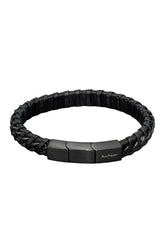 Men's black braided bracelet with rectangular logo clasp shown as an isolated product view by Au Noir