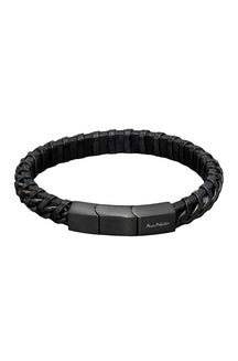 Bracelet noir tressé avec fermoir rectangulaire à logo, montré en vue produit isolée pour homme par Au Noir