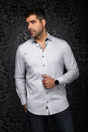 Chemise boutonnée gris pâle à motif floral avec col et boutons noirs pour homme par Au Noir, vue de face