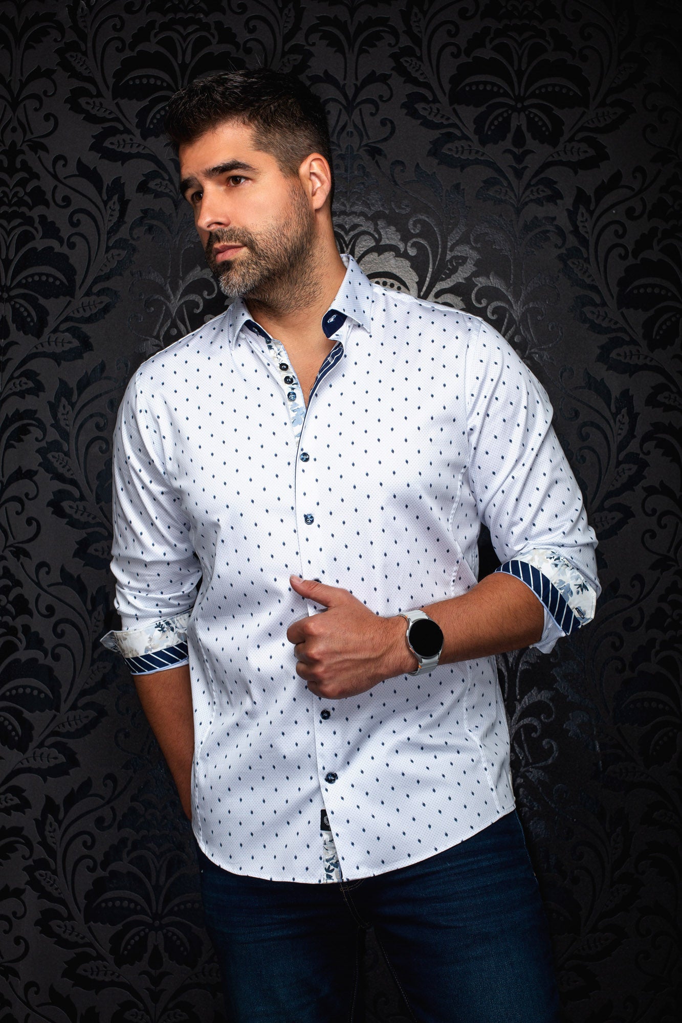 Au Noir men's white button-up shirt with navy leaf microprint and rolled contrast cuffs, front model view