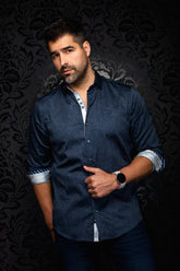 Au Noir men's navy patterned button-up shirt, front model view with rolled contrast cuffs and curved hem