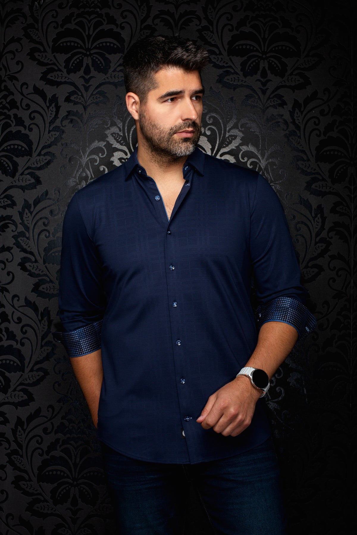 Au Noir men's navy button-up shirt with rolled contrast cuffs and tonal check pattern, front model view