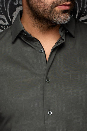 Au Noir men's olive green shirt collar, buttons, black inner trim, and tonal check texture, close-up