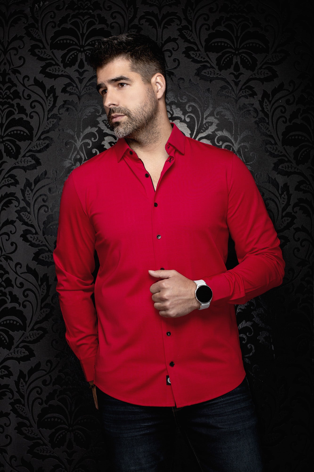 Au Noir men's red long sleeve button-up shirt on model, front view with black buttons and curved hem