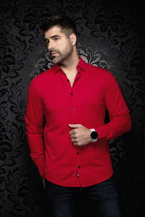 Au Noir men's red long sleeve button-up shirt on model, front view with black buttons and curved hem