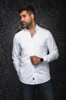 Chemise blanche à manches longues, vue avant avec col évasé et bordure noire à la patte pour homme par Au Noir