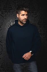 Veste sport à capuchon bleu marine à manches longues avec ourlet côtelé pour homme par Au Noir, vue de face