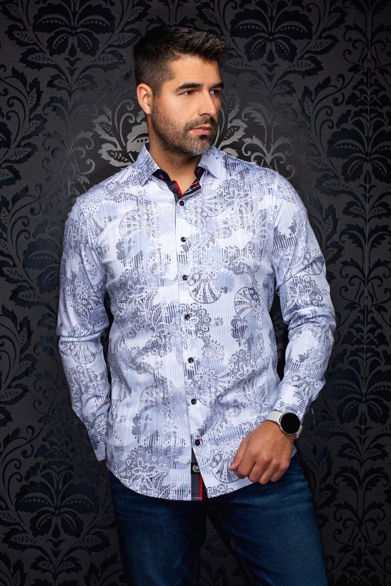 Chemise manches longues en Knit extensible pour homme par Au Noir | KALIMANTAN Blanc Gris | Machemise.ca, inventaire complet de la marque Au Noir