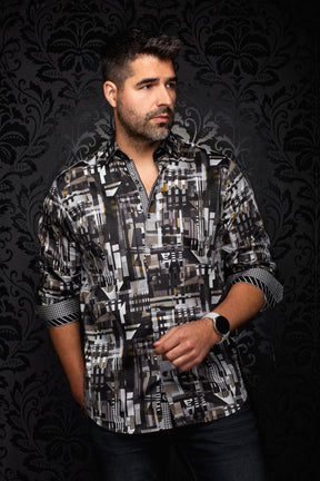 Chemise noire imprimée avec motif géométrique gris et poignets contrastés pour homme par Au Noir, vue de face
