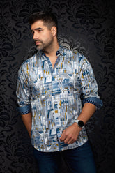 Vue de face d’une chemise grise à imprimé géométrique avec poignets contrastants roulés pour homme par Au Noir