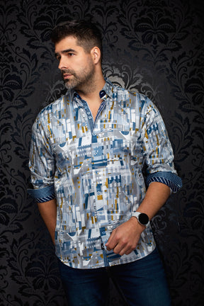 Vue de face d’une chemise grise à imprimé géométrique avec poignets contrastants roulés pour homme par Au Noir