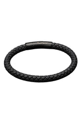 Men's black braided bracelet with smooth clasp engraved Au Noir, isolated product view