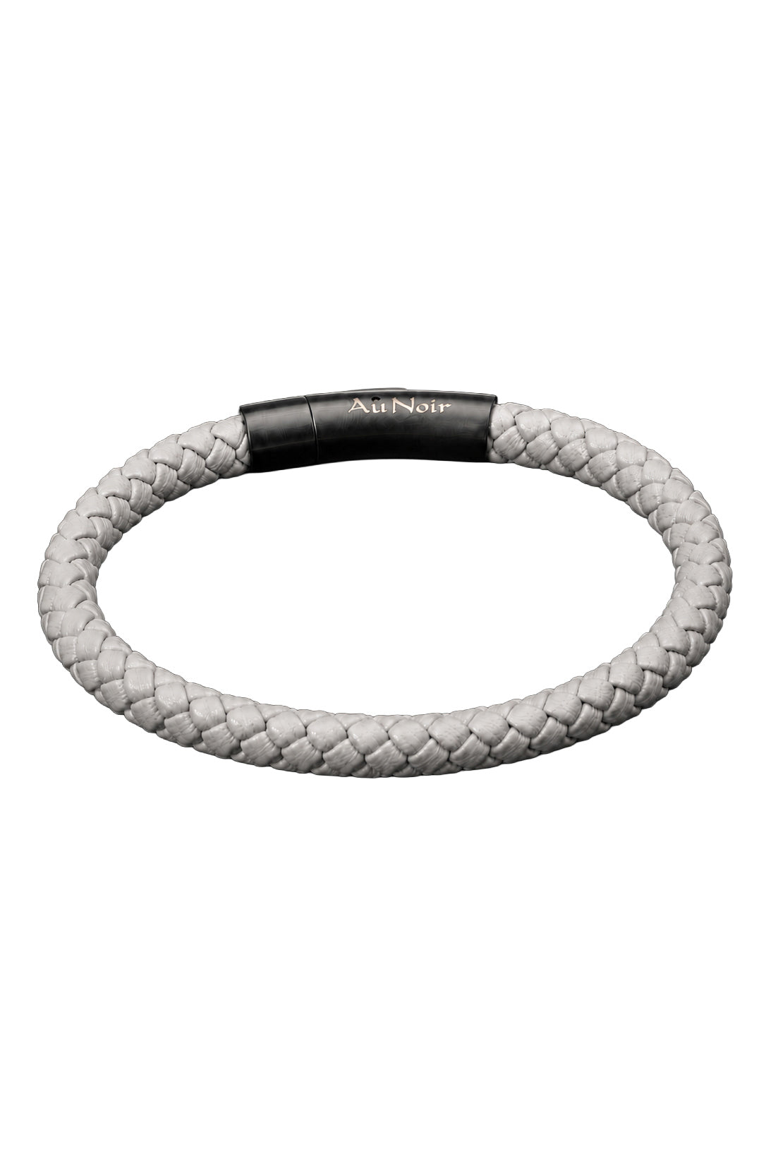 Bracelet tressé gris pâle avec fermoir noir et logo Au Noir, vue produit isolée pour homme
