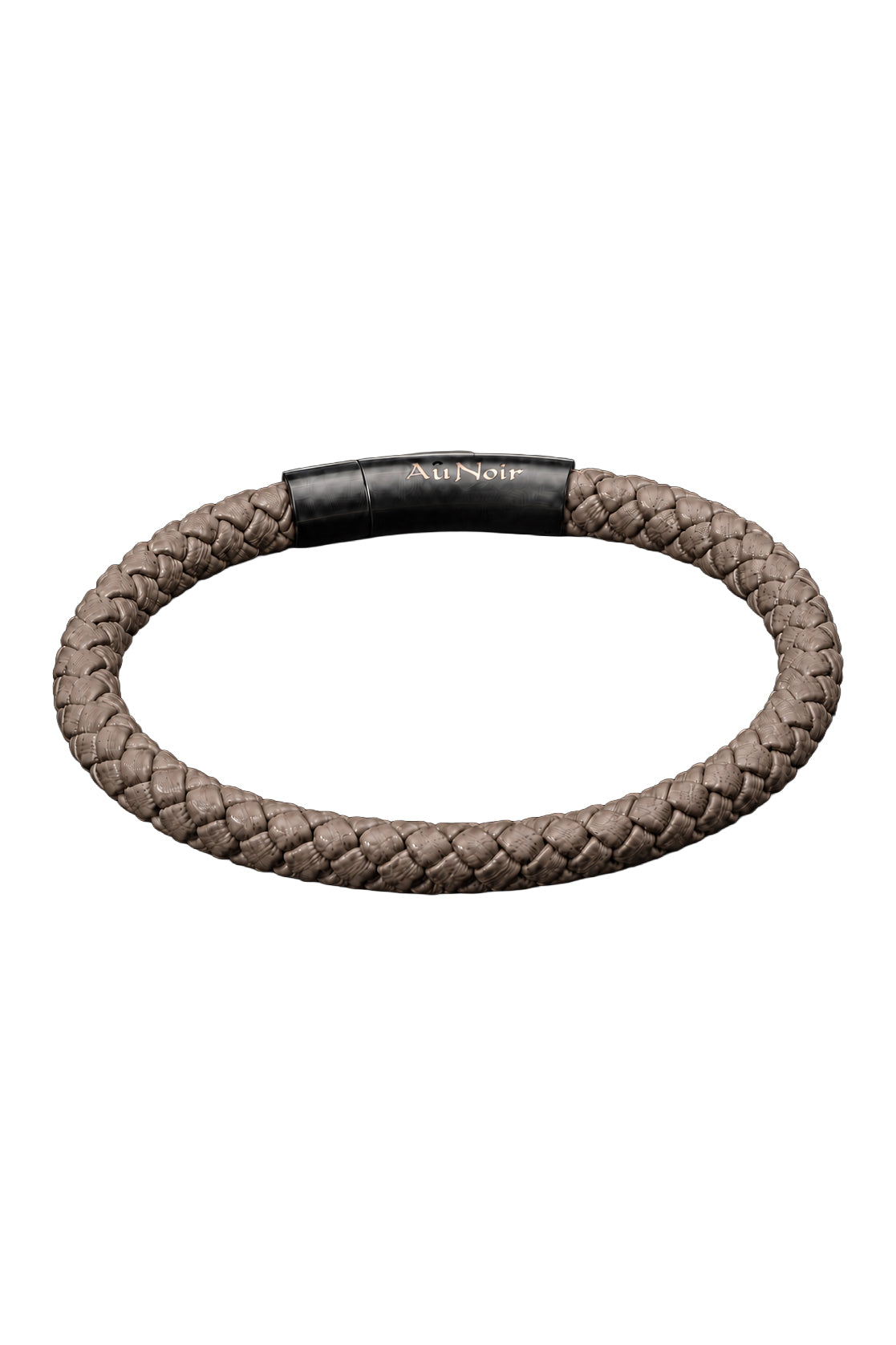 Bracelet tressé taupe avec fermoir noir et logo Au Noir sur fond blanc, vue produit pour homme