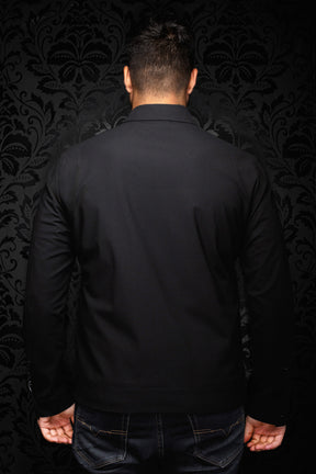 Coupe-vent mi-saison style bomber noire unie avec col pointu et manches longues pour homme par Au Noir, vue de dos